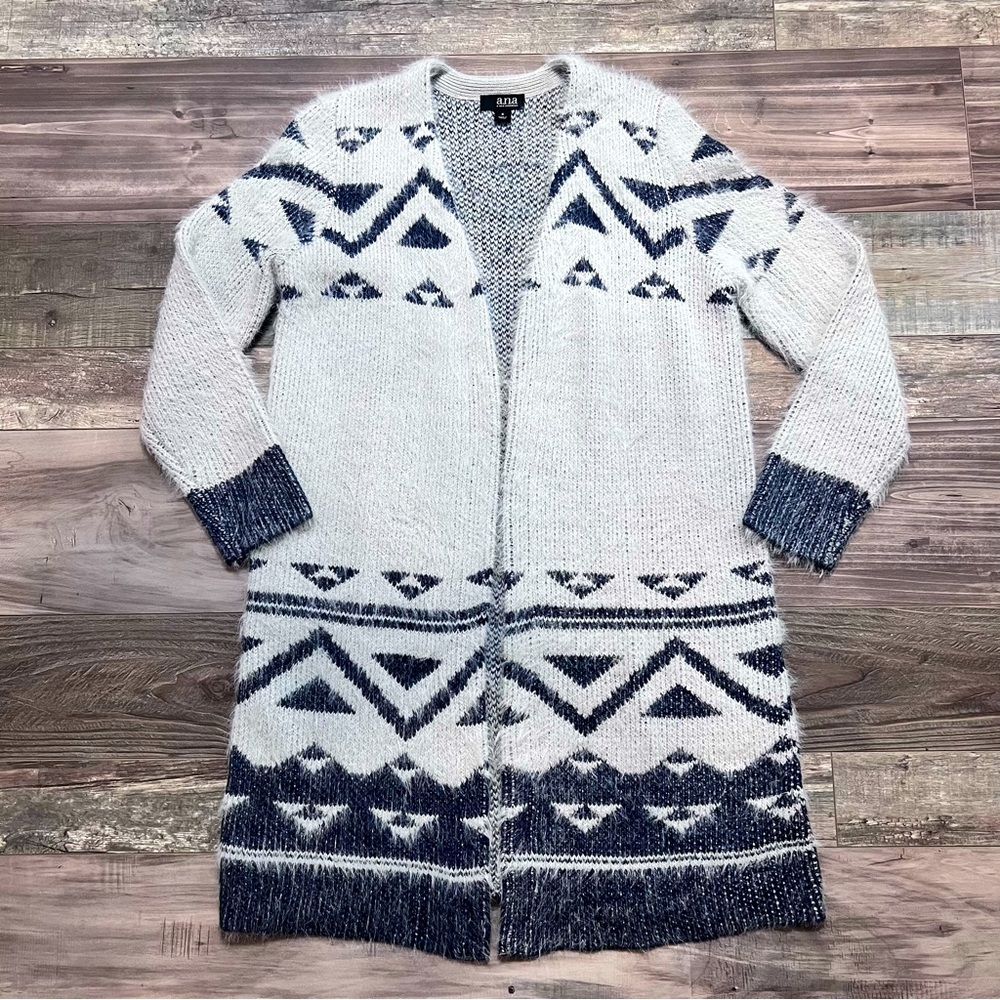 A.N.A. Eyelash Knit Geoprint Long Line Cardigan Small Open Front Navy Light Gray